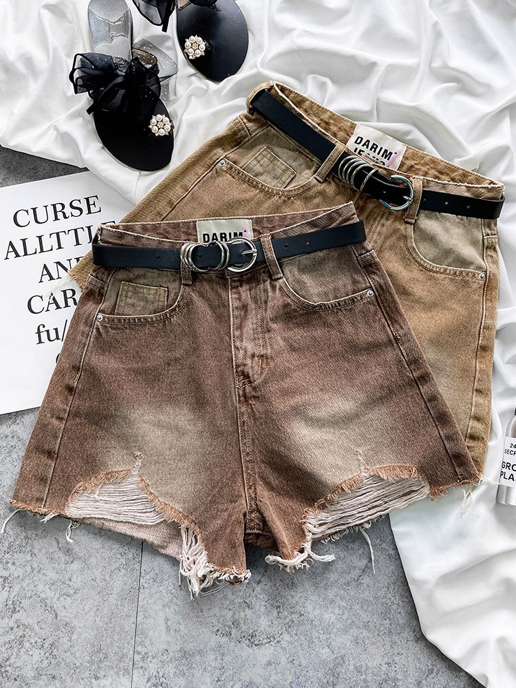 Vintage Denim Shorts Brown Gradient denim shorts women&s 2022 summer new high waist thin worn rough A-line wide leg 